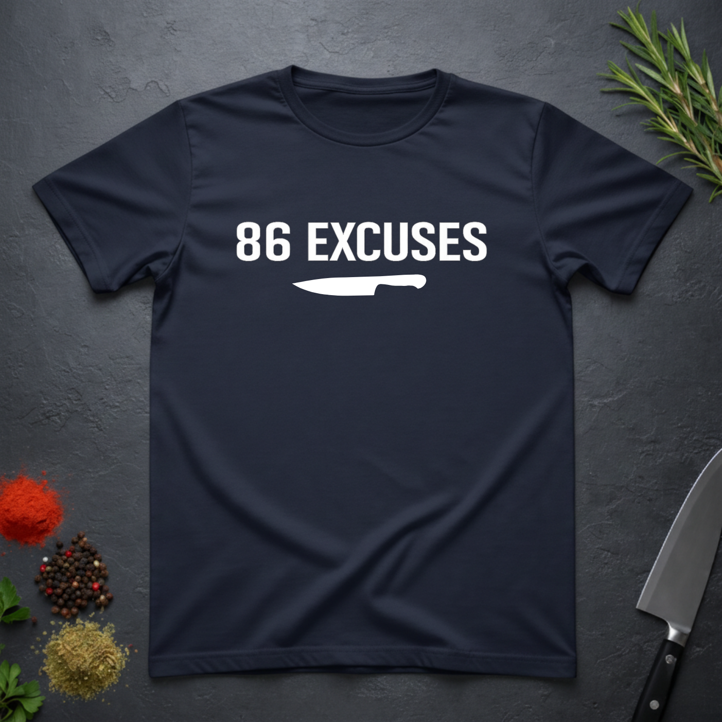 Navy blue t-shirt with '86 Excuses' and a knife graphic on a dark surface.