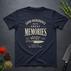 Navy blue t-shirt with text "Good Ingredients Make great Memories" in an off-white bold font from the Bitter Palate brand.