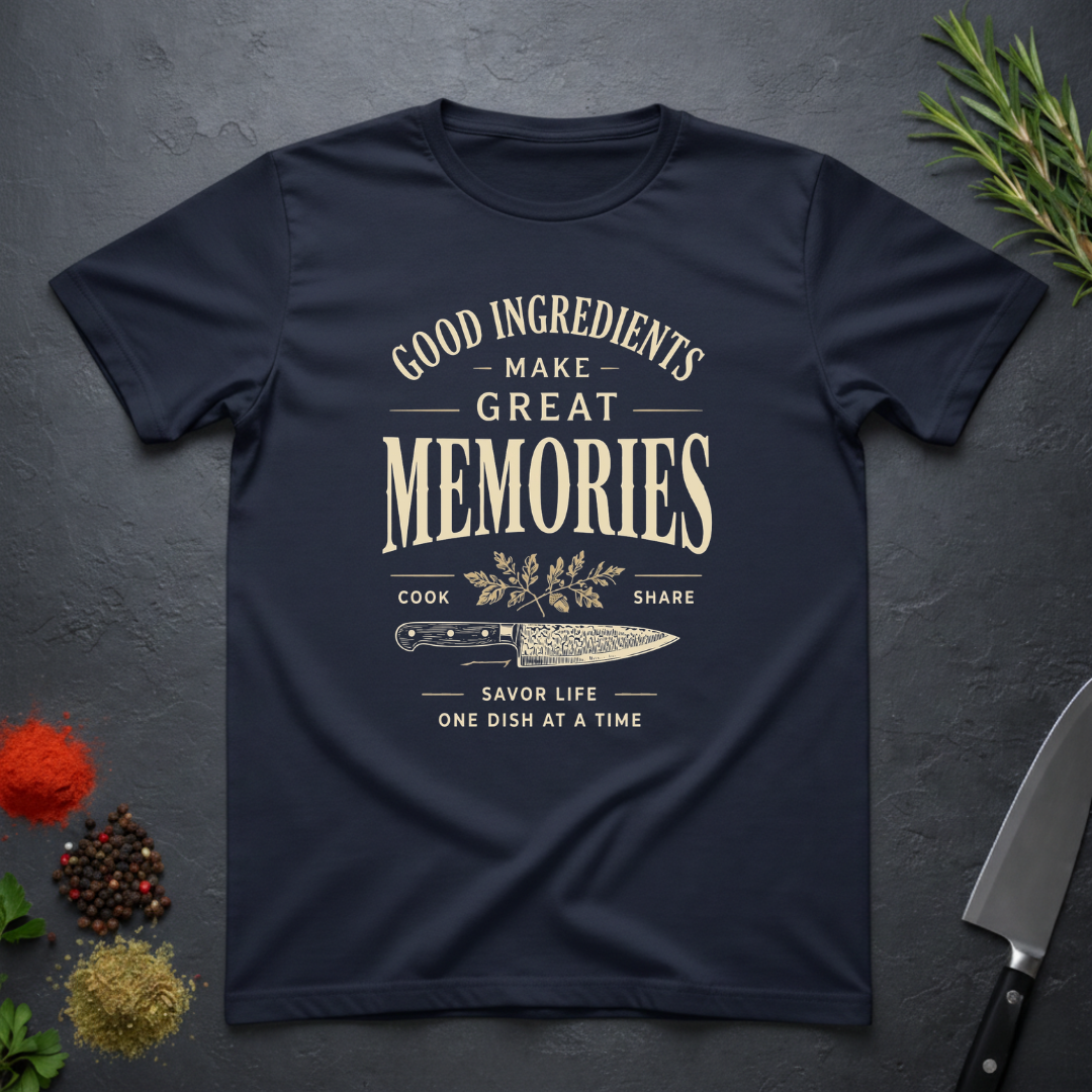 Navy blue t-shirt with text "Good Ingredients Make great Memories" in an off-white bold font from the Bitter Palate brand.