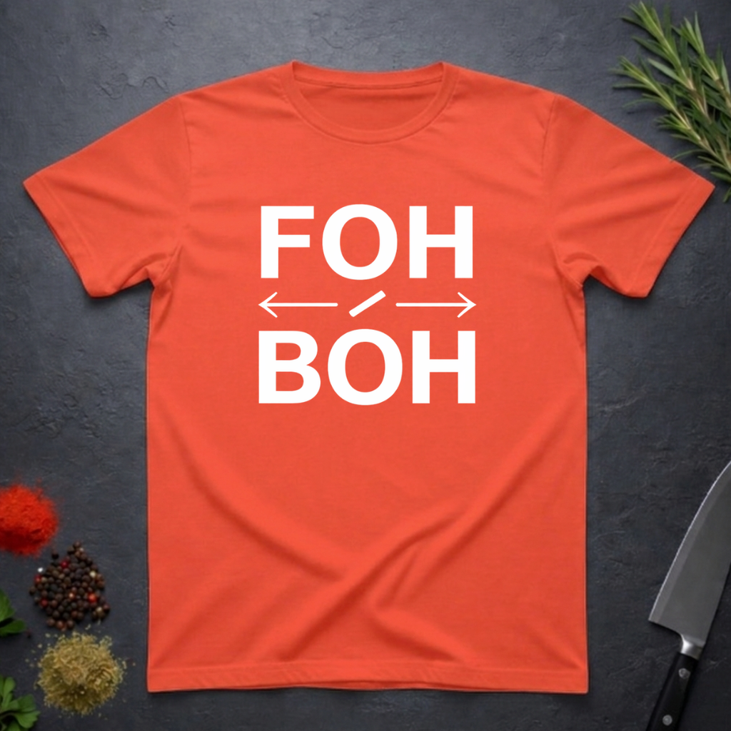 Bright Orange t-shirt with 'FOH / BOH' text on a dark surface with herbs and a knife.