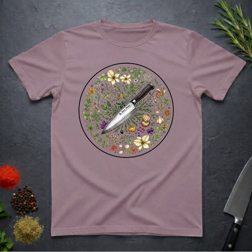 Paragon colored t-shirt with a circular knife and colored floral design on a dark surface.