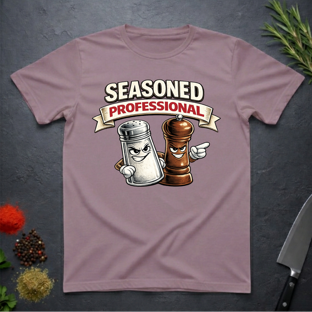 Paragon colored t-shirt with cartoon salt and pepper shakers and 'Seasoned Professional' text on a dark surface.
