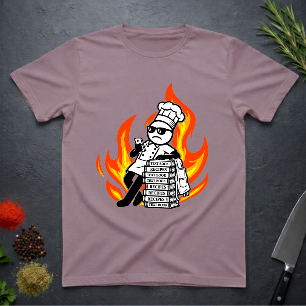 paragon colored t-shirt with a cartoon dead-pan chef leaning on text books with a background of flames on a dark surface.