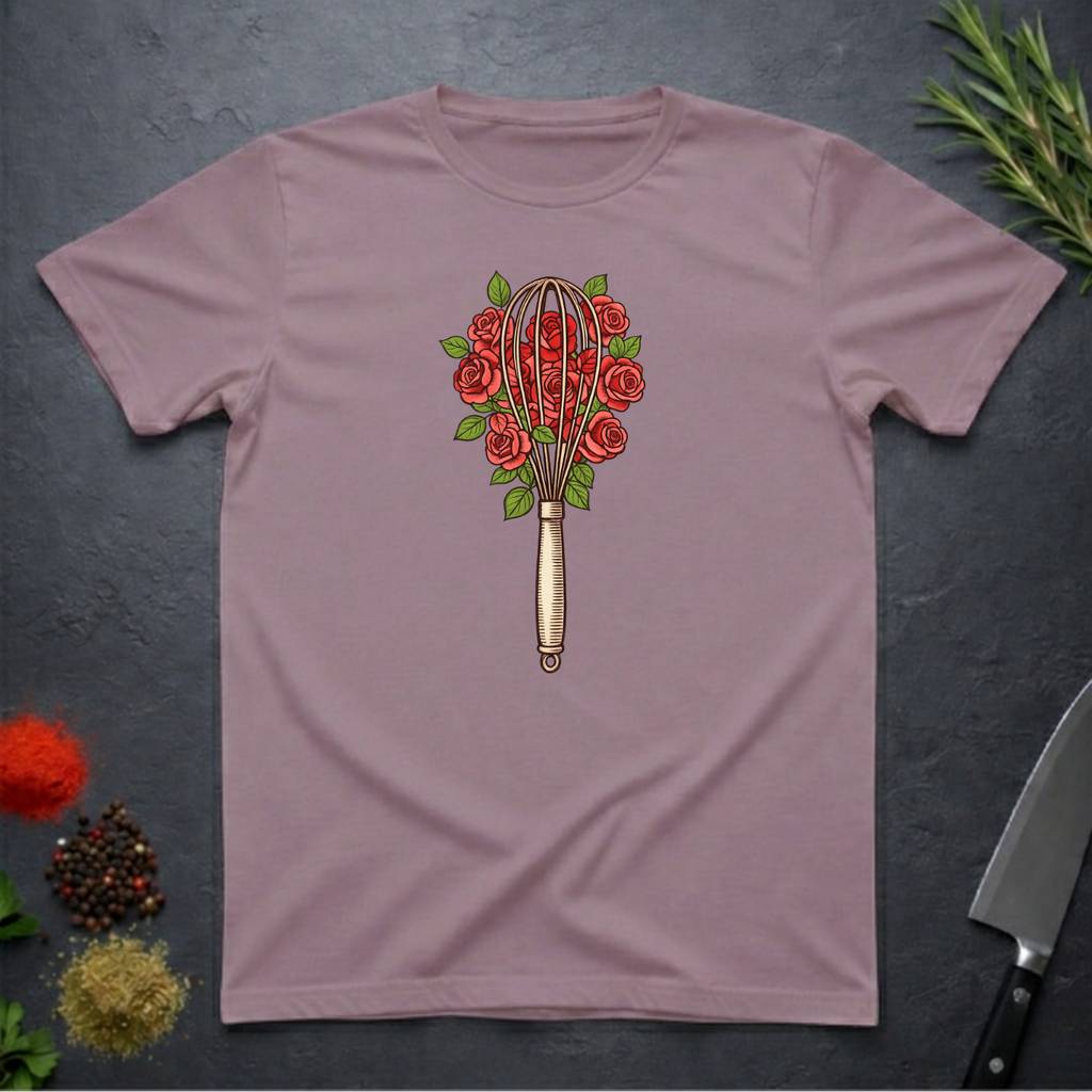Paragon colored t-shirt with a design of a whisk and roses as a bouquet on a dark surface.