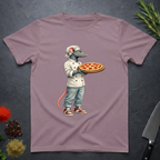 Paragon t-shirt with a graphic of a city rat in a chef's outfit holding a pizza on a dark surface.