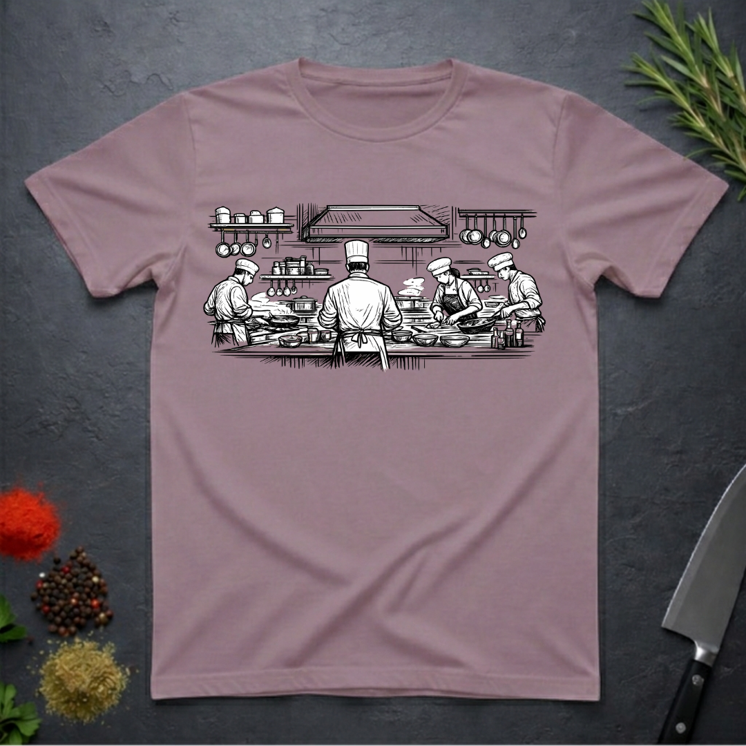 paragon colored t-shirt with black and white graphic of chefs in a kitchen scene on a dark surface.
