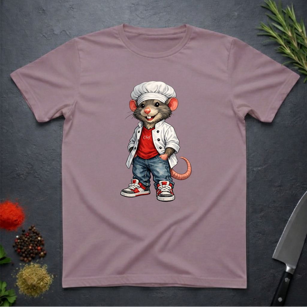 Paragon t-shirt with a cartoon mouse chef design on a dark surface.