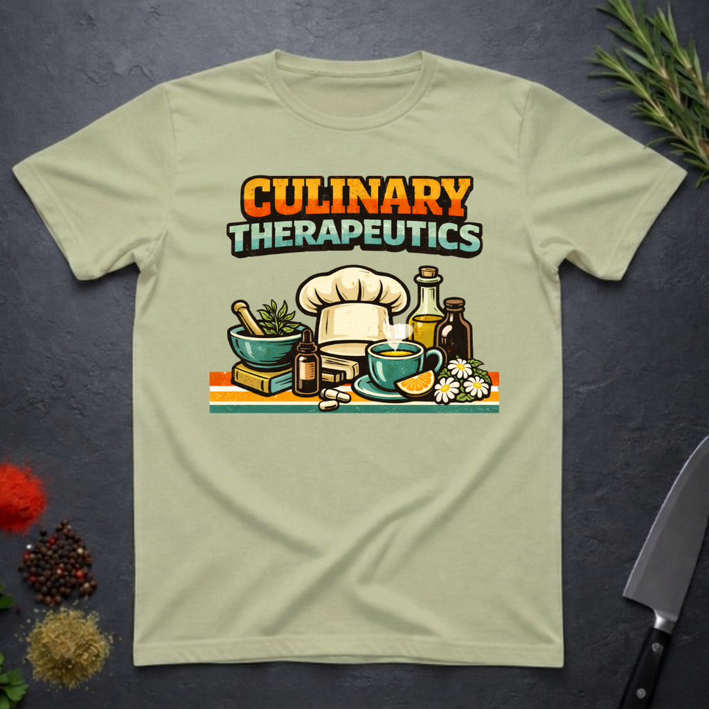 Pistachio green t-shirt with 'Culinary Therapeutics' graphic on a dark surface