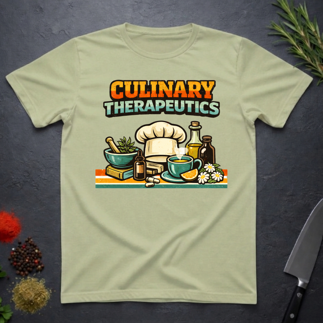 Pistachio green t-shirt with 'Culinary Therapeutics' graphic on a dark surface