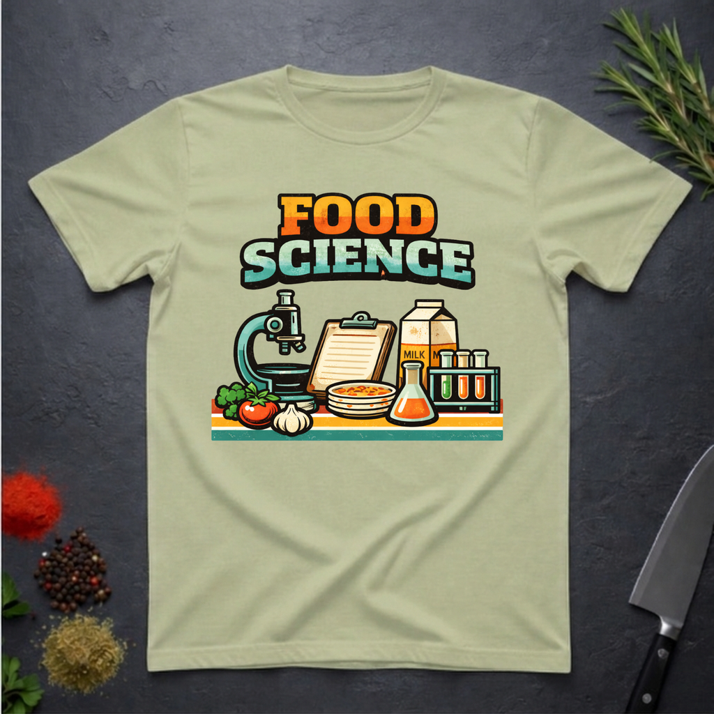 Pistachio green t-shirt with 'Food Science' graphic design on a dark surface with kitchen items.