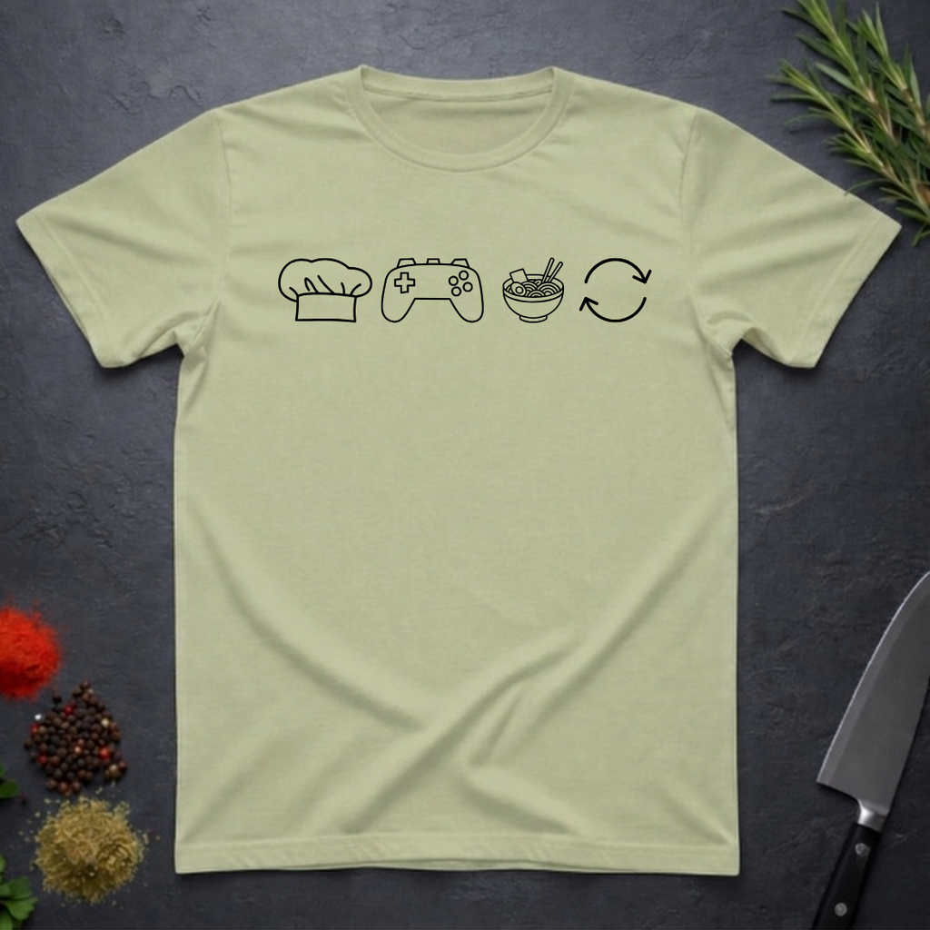 Pistachio green t-shirt with black icons of chef hat, game remote, ramen bowl and repeat symbol on a dark surface.