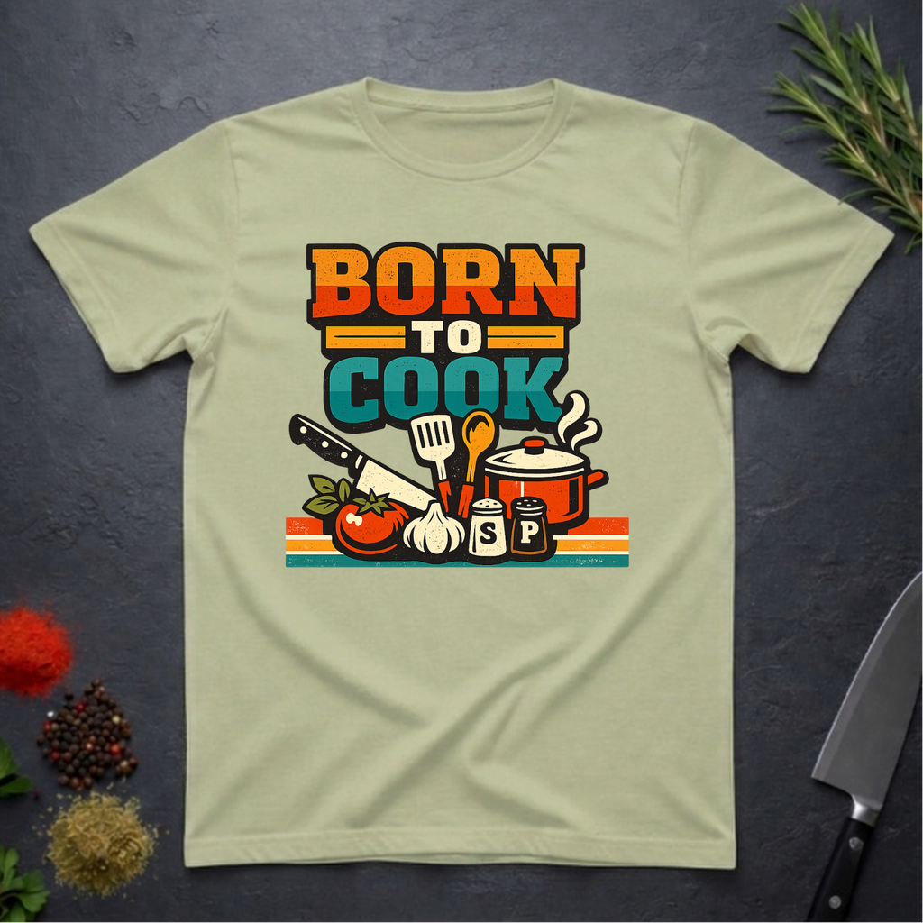 Pistachio green t-shirt with 'Born to Cook' graphic on a dark surface with kitchen items.
