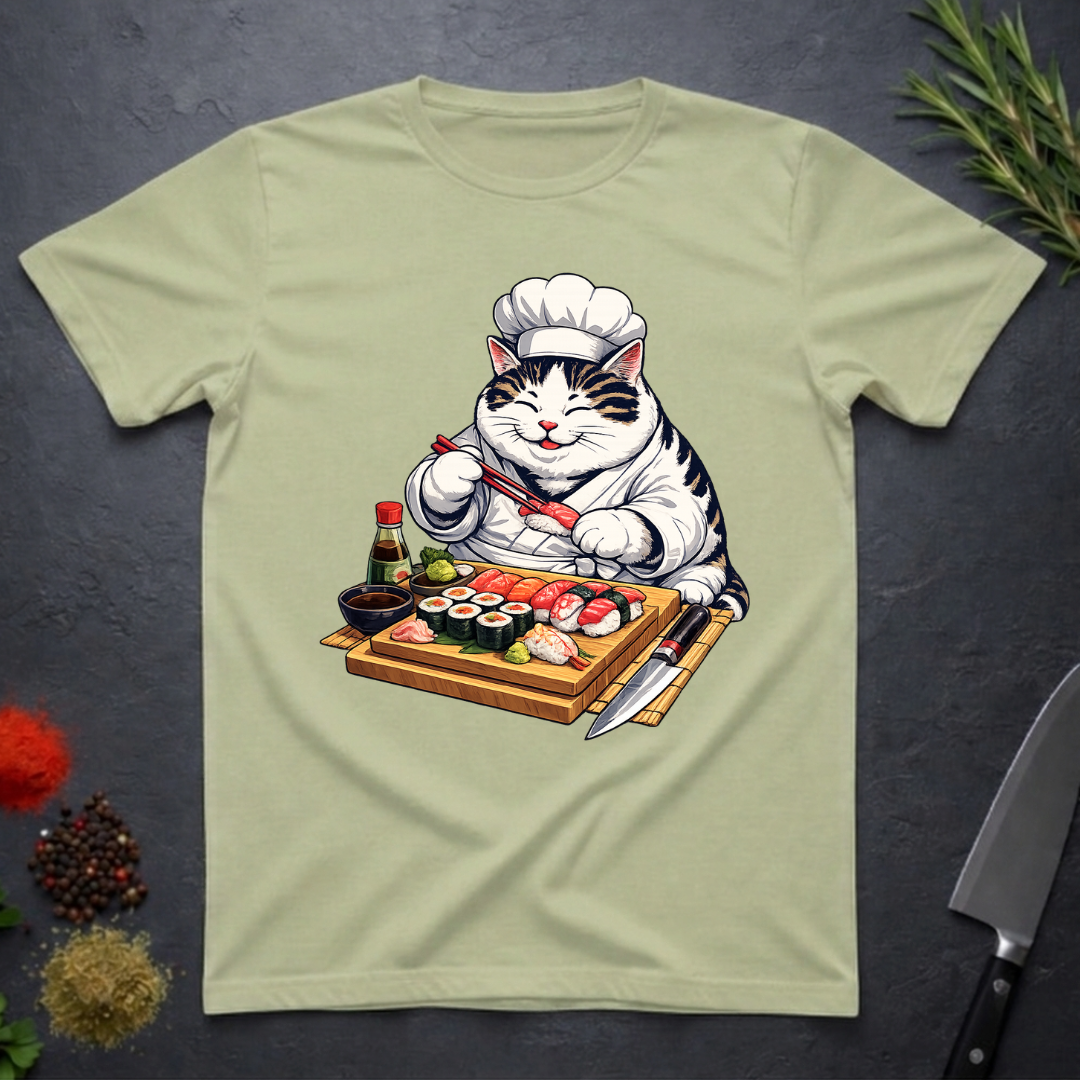Pistachio green t-shirt with a cat chef graphic rand sushi board on a dark surface.