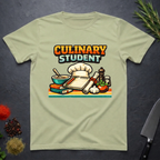 Pistachio green t-shirt with 'Culinary Student' graphic design on a dark surface.