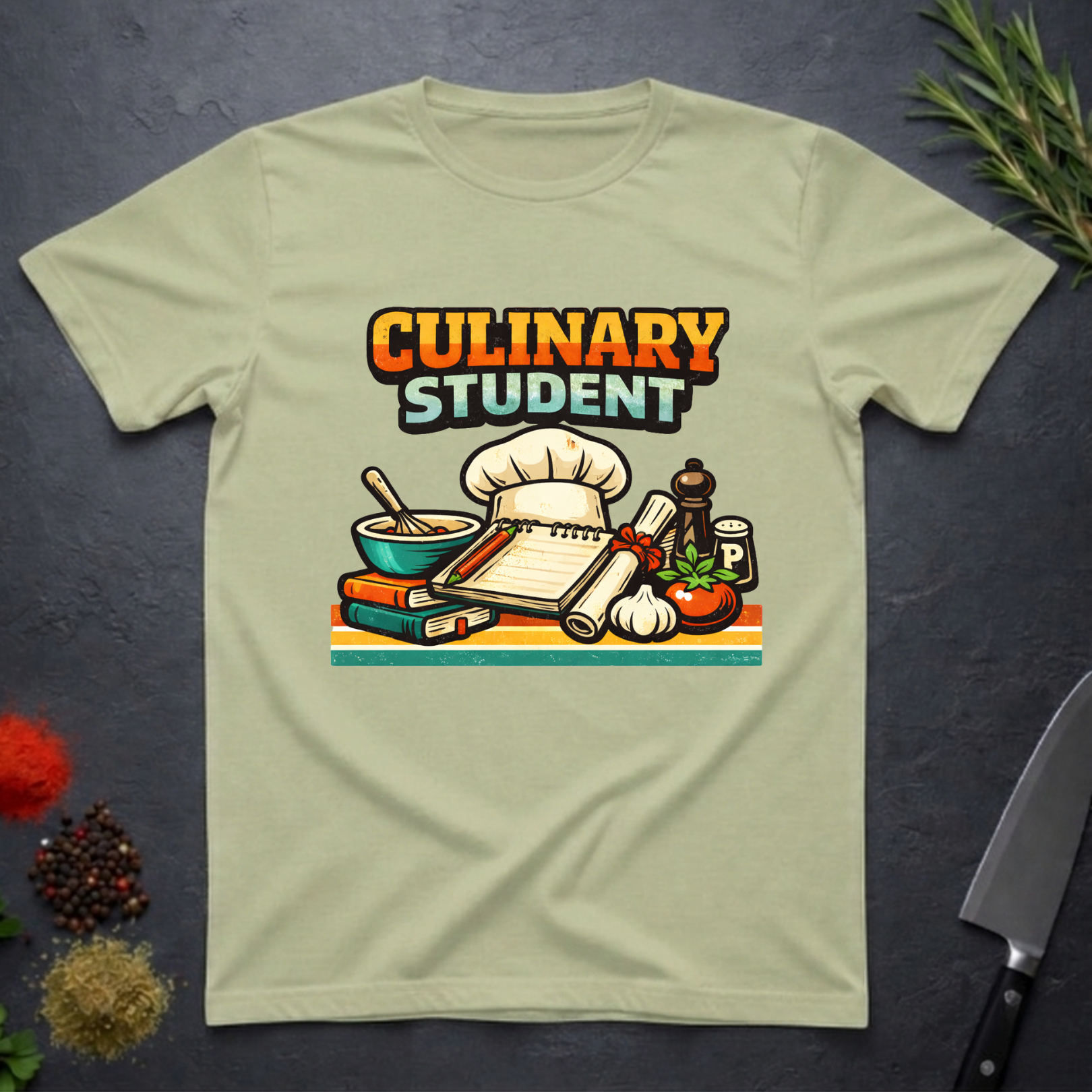 Pistachio green t-shirt with 'Culinary Student' graphic design on a dark surface.
