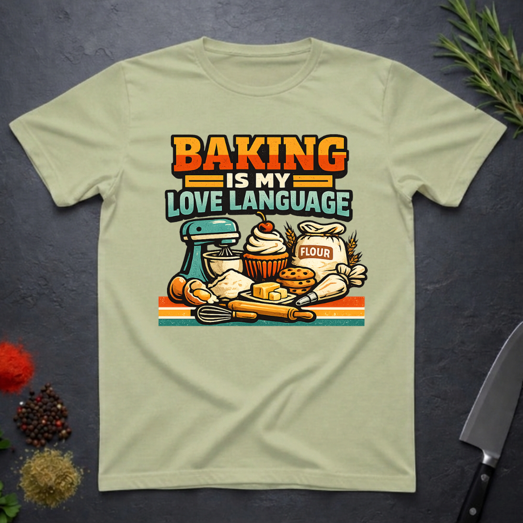 Pistachio green t-shirt with baking-themed graphic and text "Baking is My Love Language" on a dark surface.