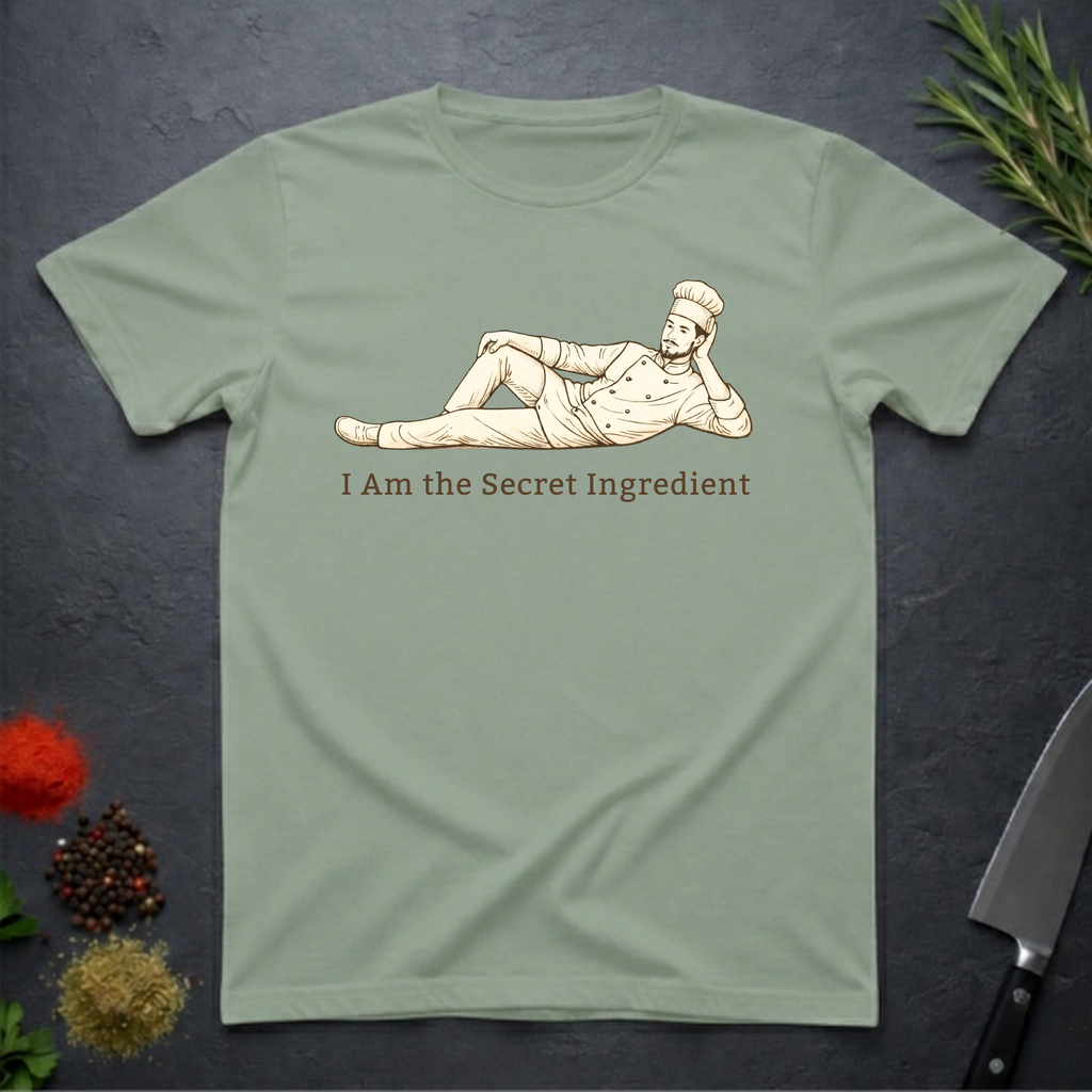 Sage Green t-shirt with a graphic of a chef lying on his side and text 'I Am the Secret Ingredient' on a dark surface with kitchen items.