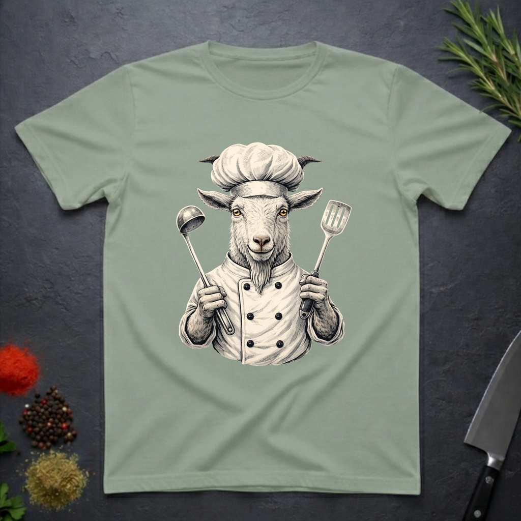 Sage green t-shirt with a graphic of a chef goat holding cooking utensils on a dark surface.