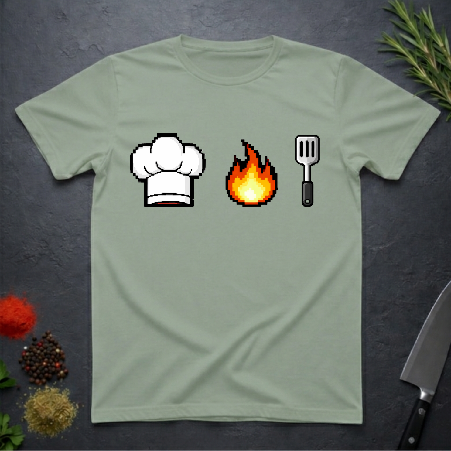 Sage green t-shirt with pixelated chef hat, fire, and spatula icons on a dark surface.