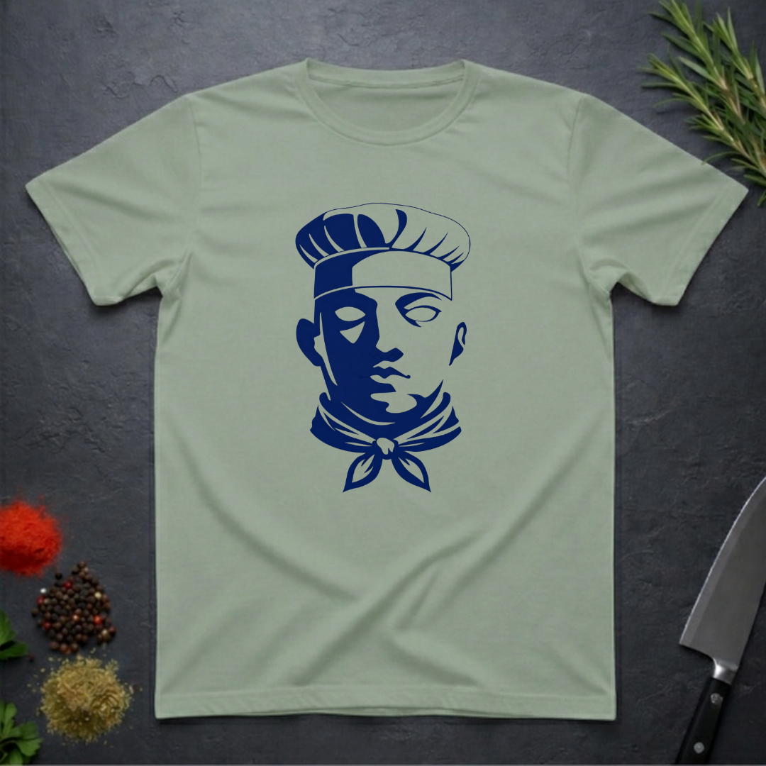 Sage Green t-shirt with dark blue graphic chef face design on a dark surface with kitchen items.