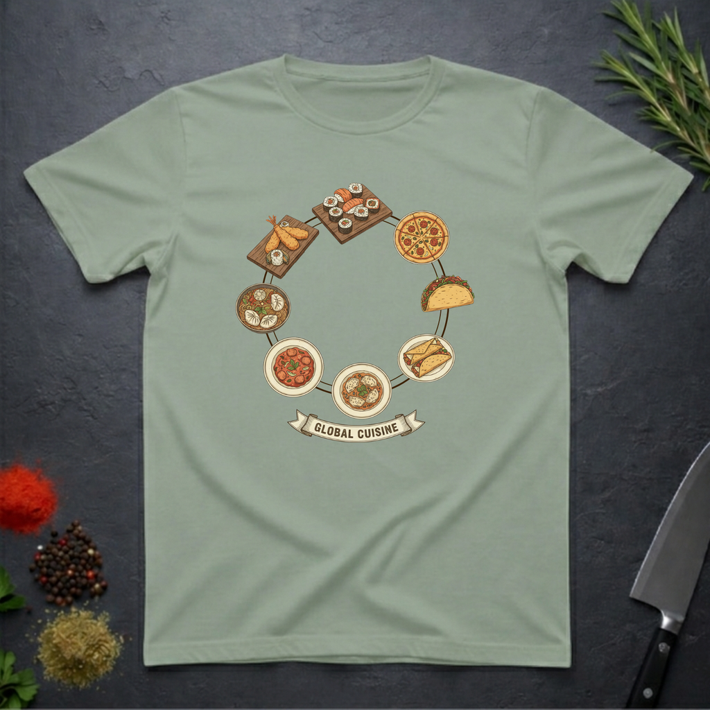 Sage green t-shirt with circular 'Global Cuisine' graphic design on a dark surface.