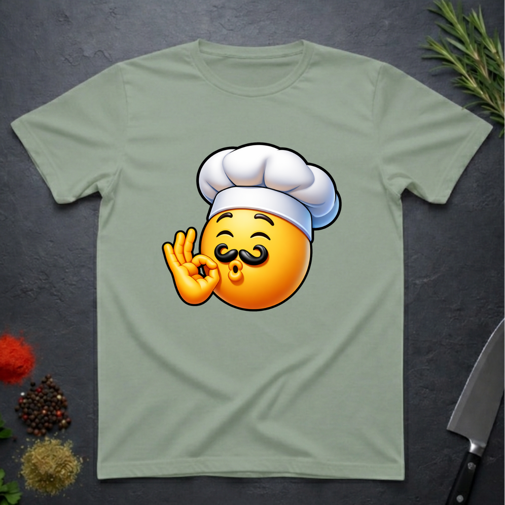 Sage Green t-shirt with a chef kiss emoji design on a dark surface with kitchen items.