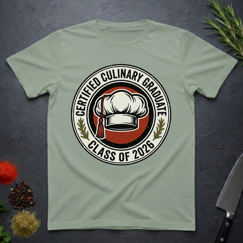 Sage green t-shirt with 'Certified Culinary Graduate Class of 2026' design on a dark surface with kitchen items.