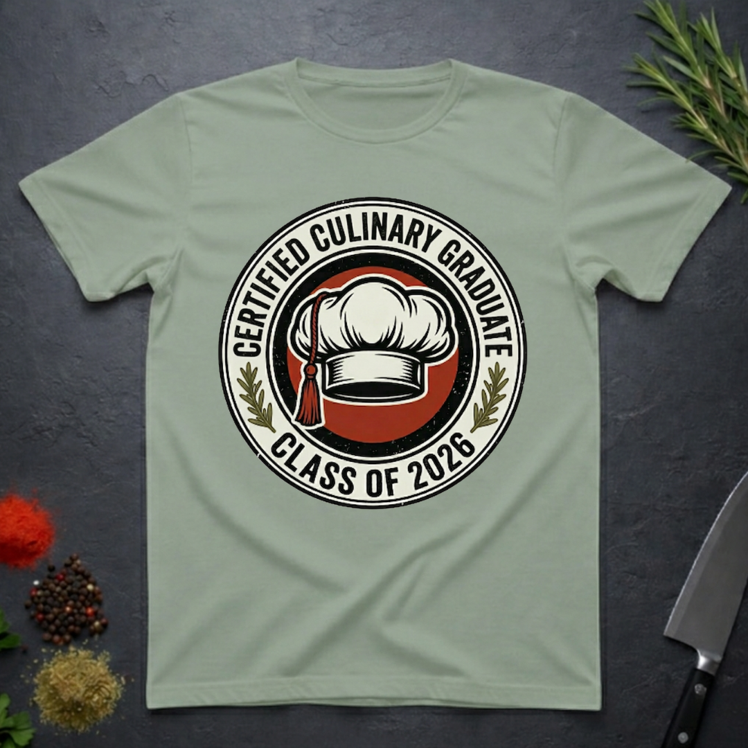 Sage green t-shirt with 'Certified Culinary Graduate Class of 2026' design on a dark surface with kitchen items.
