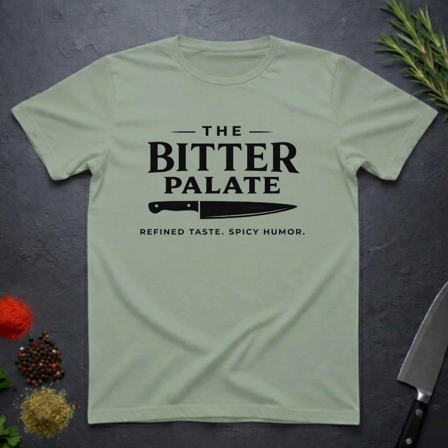 Sage Green t-shirt with 'The Bitter Palate' logo on a dark surface with kitchen items.