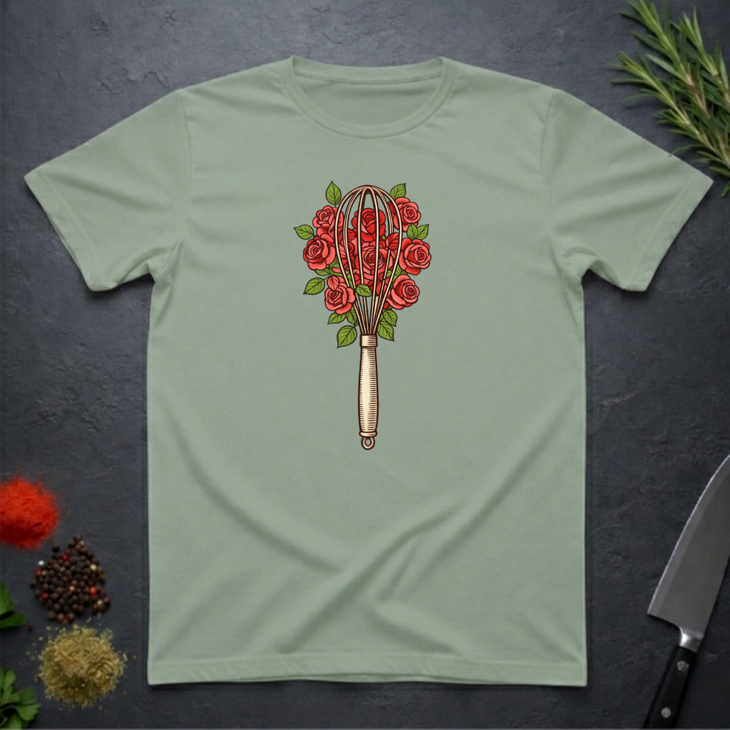 Sage green t-shirt with a design of a whisk and roses as a bouquet on a dark surface.