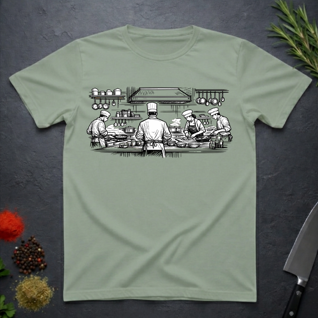 Sage green t-shirt with black and white graphic of chefs in a kitchen scene on a dark surface.