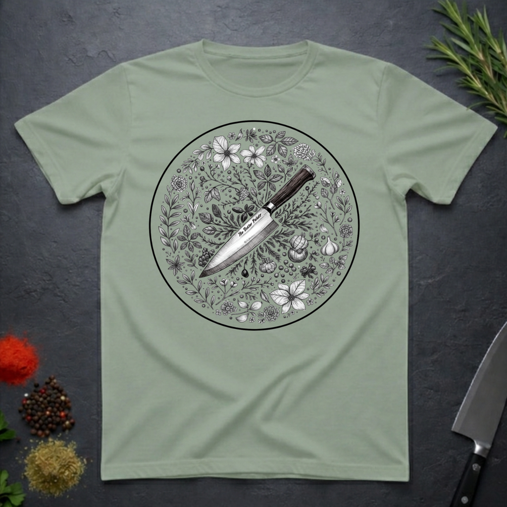 Sage green t-shirt with a circular floral and knife design on a dark surface.