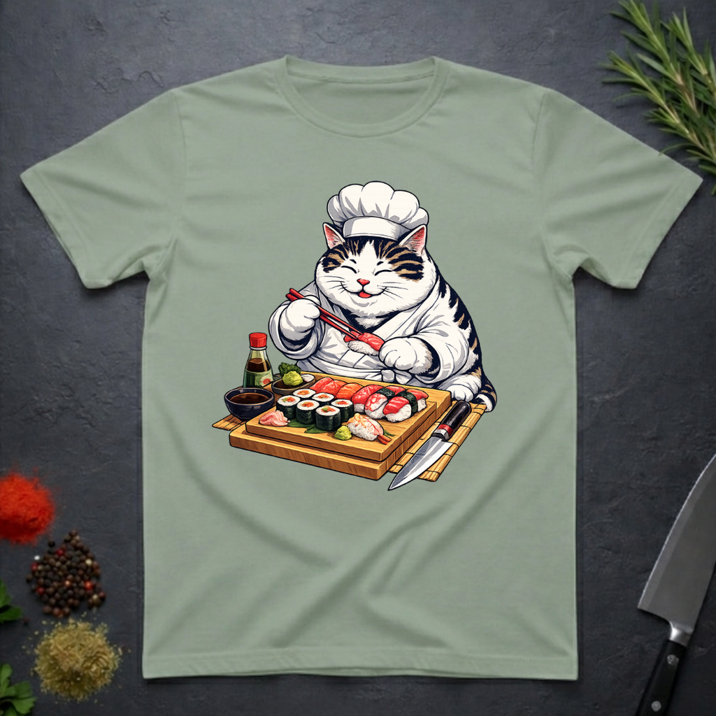 Sage green t-shirt with a cat chef graphic rand sushi board on a dark surface.