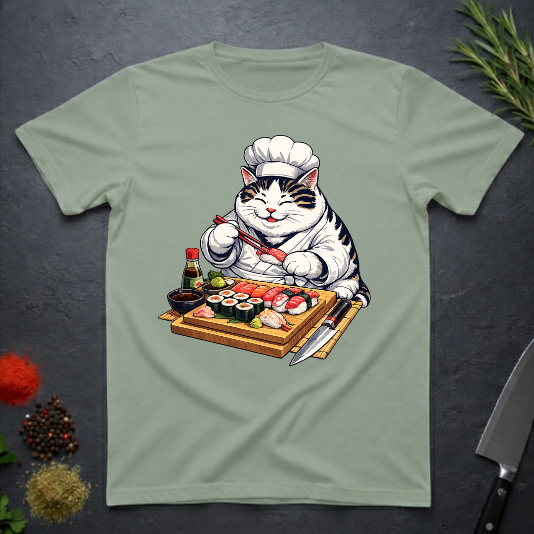 Sage green t-shirt with a cat chef graphic rand sushi board on a dark surface.