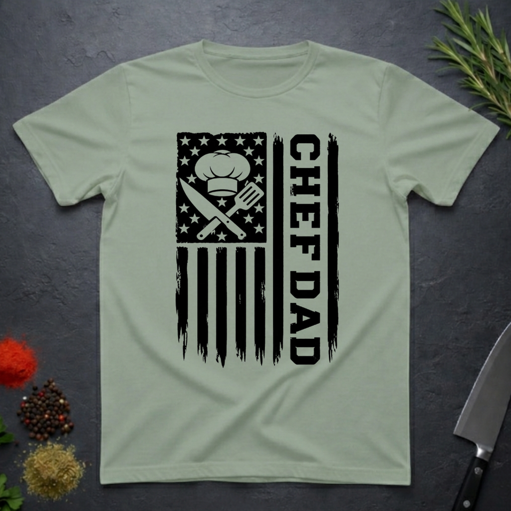 Sage green t-shirt with American flag and text 'CHEF DAD' design on a dark surface with kitchen items.
