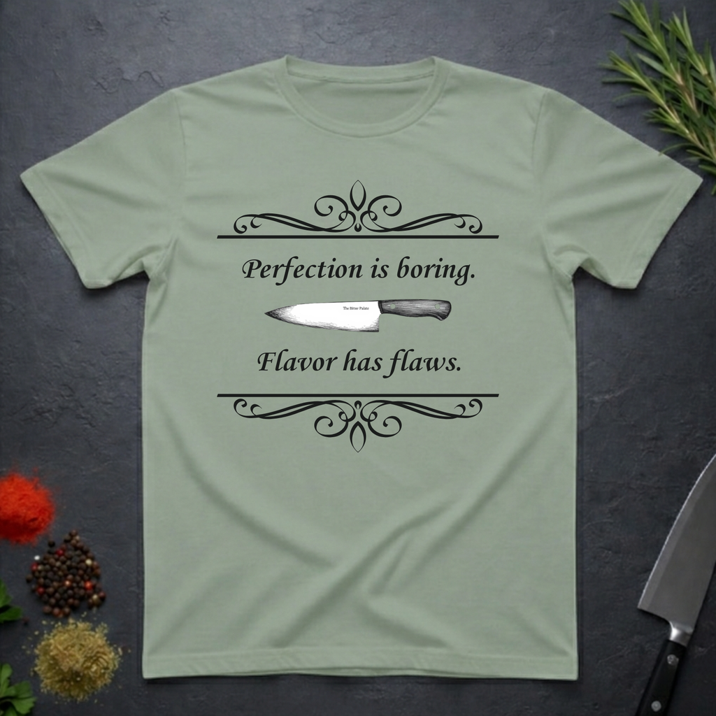 Sage green t-shirt with a knife graphic and text "Perfection is boring. Flavor has flaws." On a dark surface. 