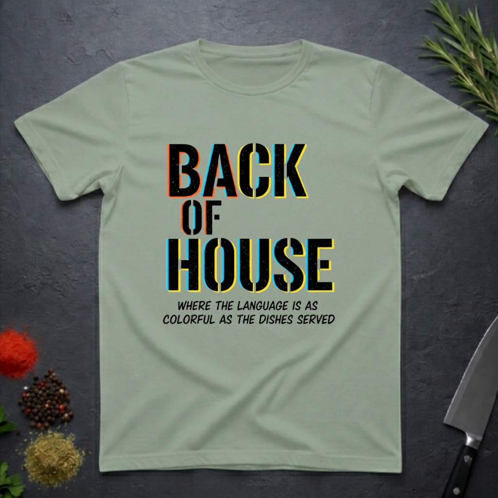 Sage green t-shirt with 'Back of House' text on a dark surface with decorative elements.