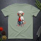 Sage Green t-shirt with a cartoon mouse chef design on a dark surface.