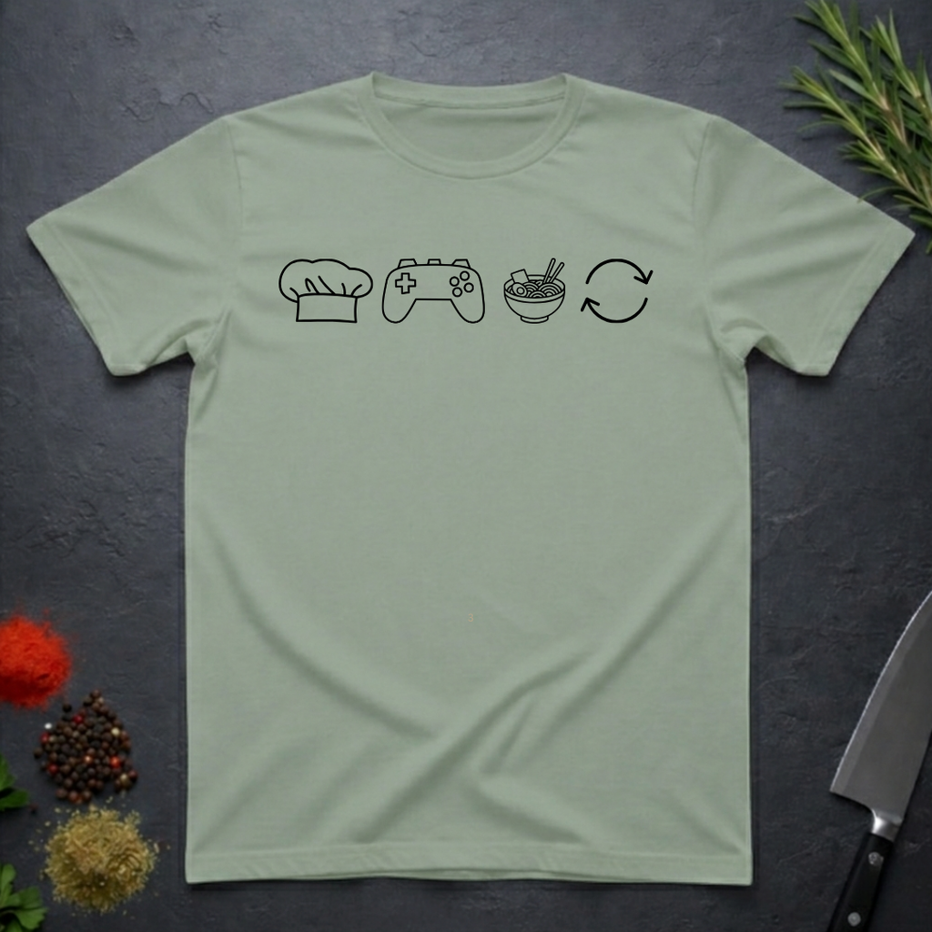 Sage green t-shirt with black icons of chef hat, game remote, ramen bowl and repeat symbol on a dark surface.