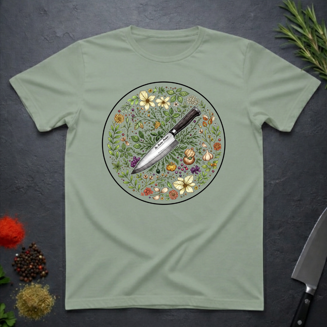 Sage green t-shirt with a circular knife and colored floral design on a dark surface.