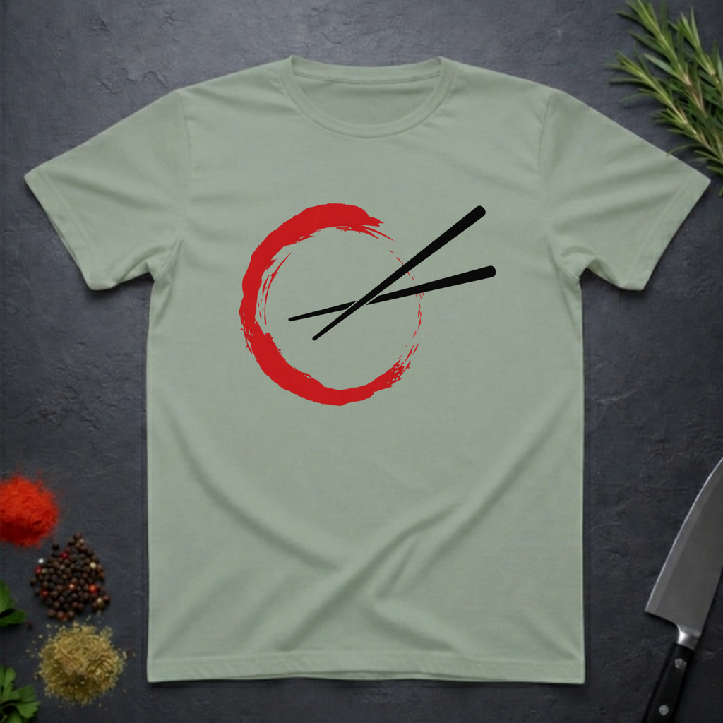 Sage green t-shirt with a red circle and black chopsticks design on a dark surface.