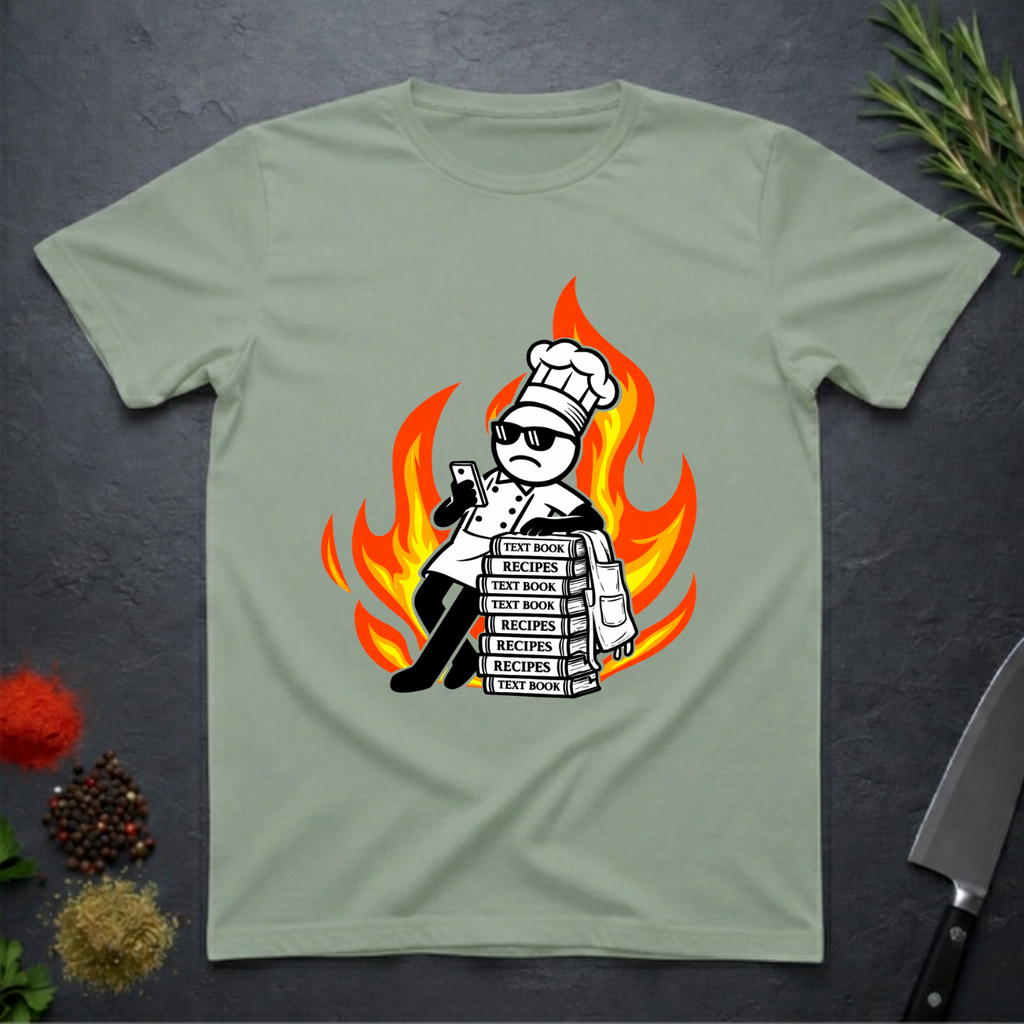 Sage green t-shirt with a cartoon dead-pan chef leaning on text books with a background of flames on a dark surface.