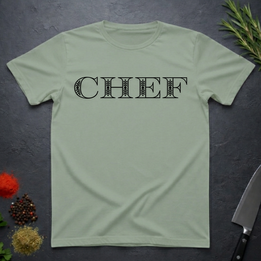 Sage Green t-shirt with 'CHEF' printed in a decorative serif text on a dark surface with kitchen items.