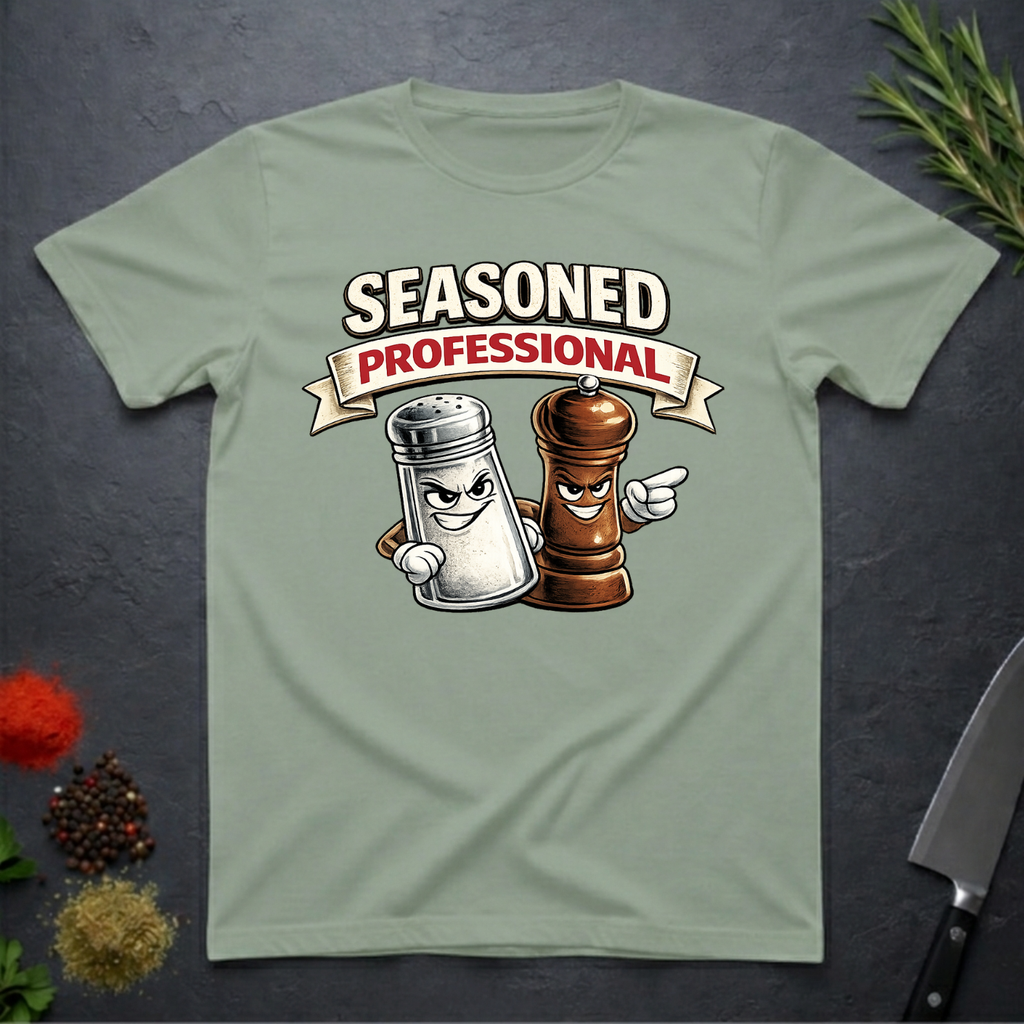 Sage Green t-shirt with cartoon salt and pepper shakers and 'Seasoned Professional' text on a dark surface.