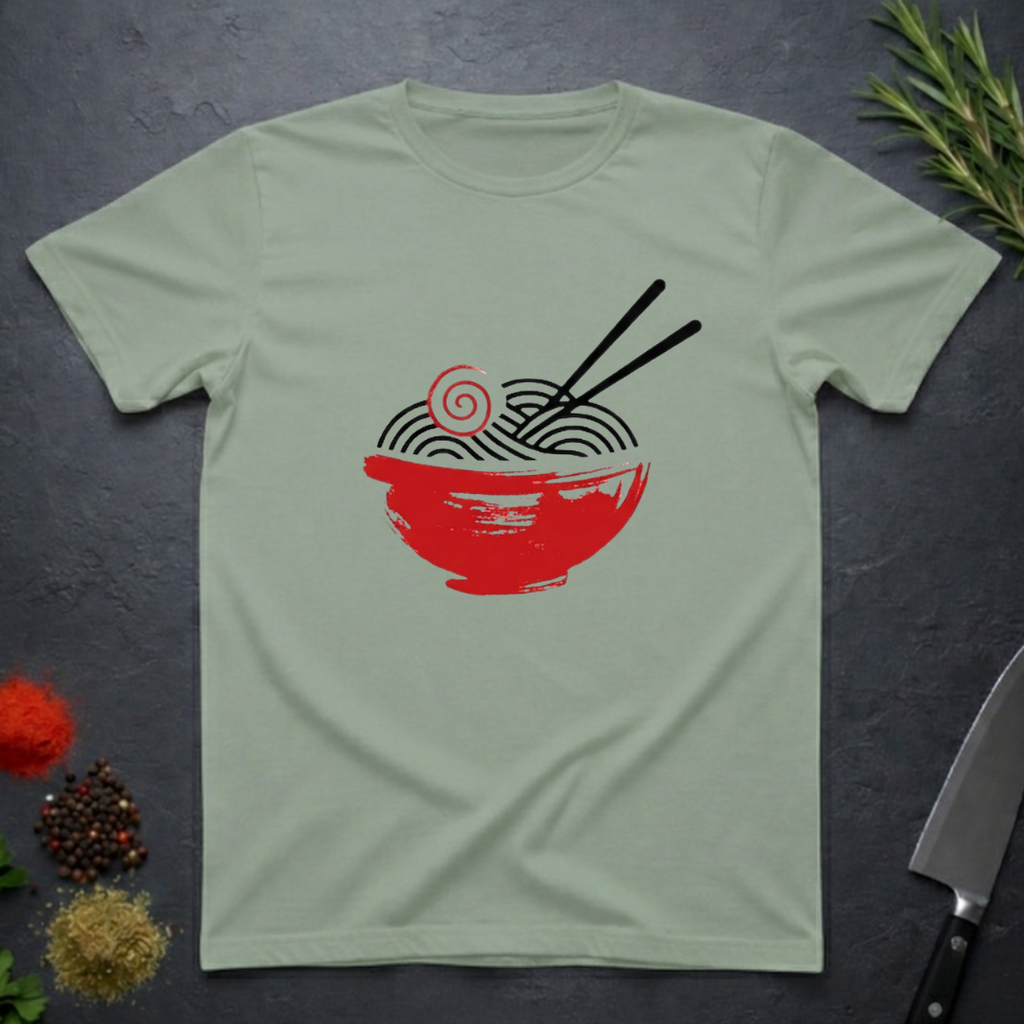 Sage Green t-shirt with a red bowl of ramen swirled noodles graphic and black chopsticks.