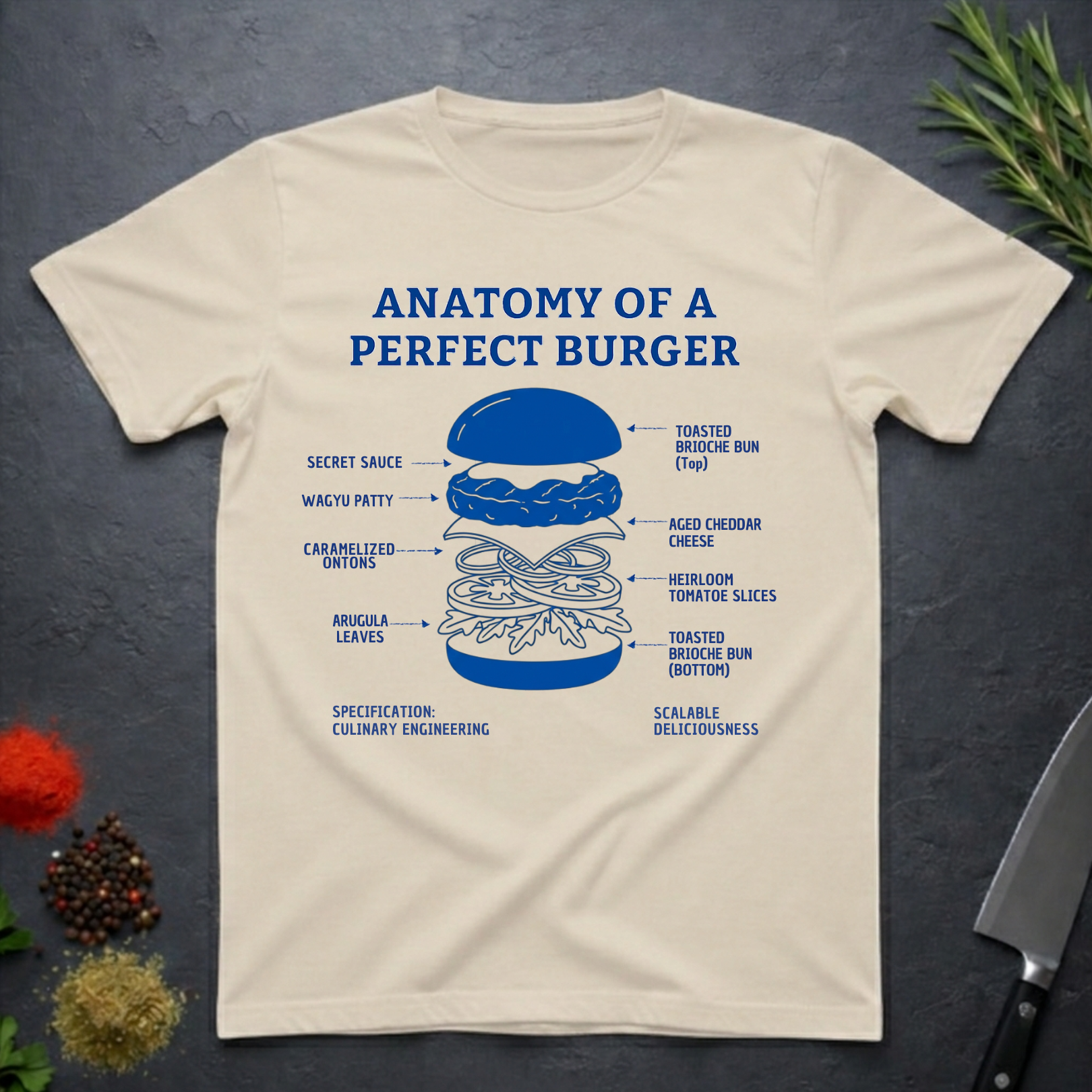 Sand colored t-shirt with 'Anatomy of a Perfect Burger' graphic on a dark surface.