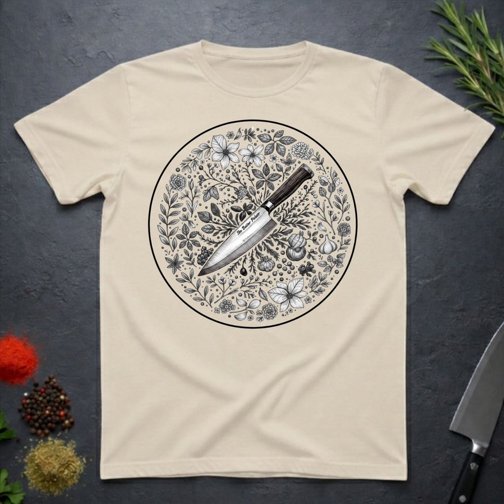 Sand colored t-shirt with a circular floral and knife design on a dark surface.