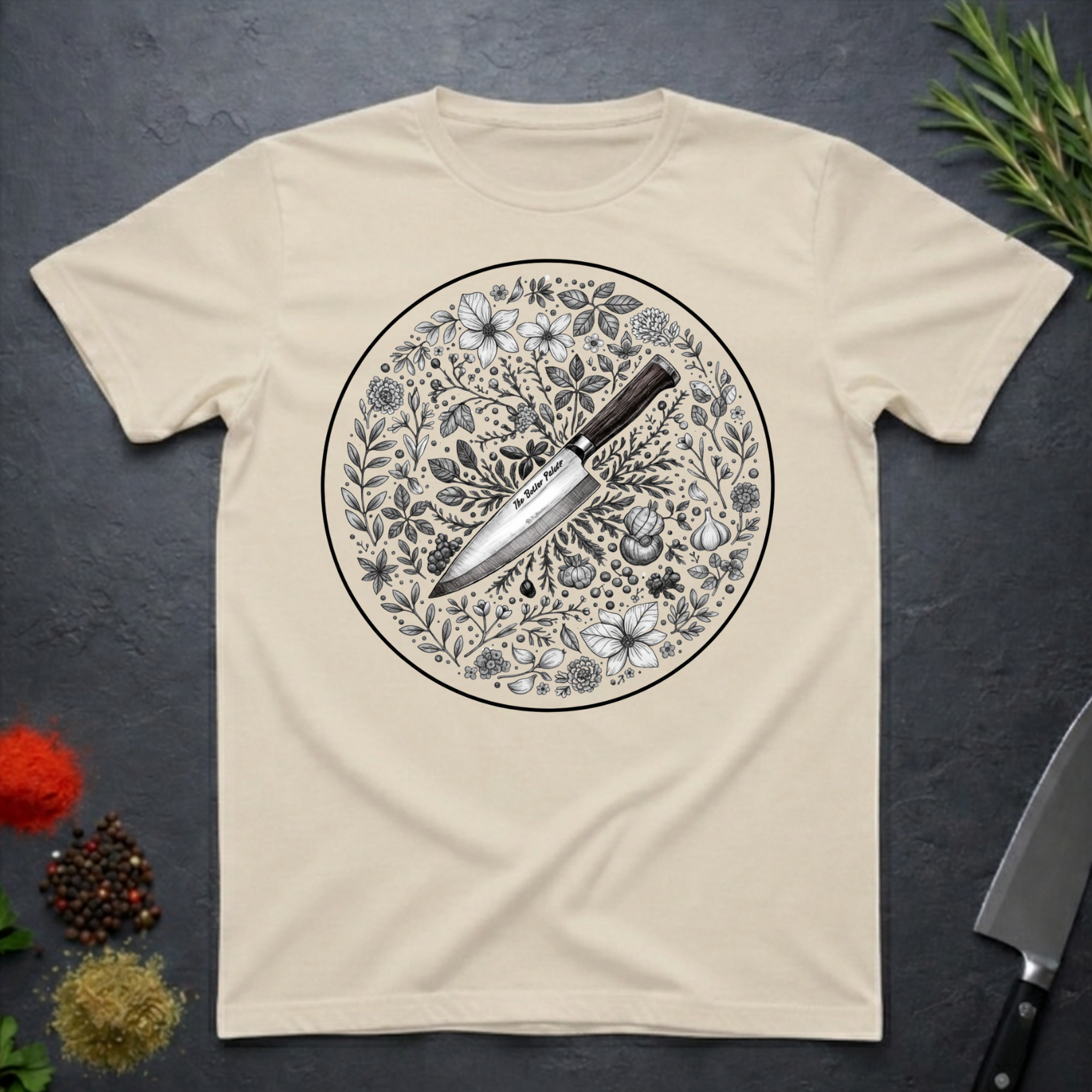 Sand colored t-shirt with a circular floral and knife design on a dark surface.