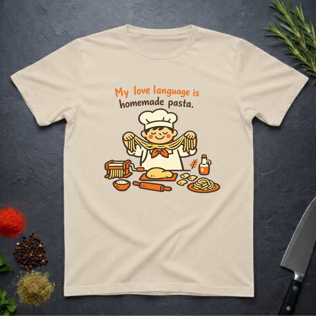Sand colored t-shirt with a cartoon chef and pasta graphic on a dark surface with text "My love language is homemade pasts" on a dark surface.