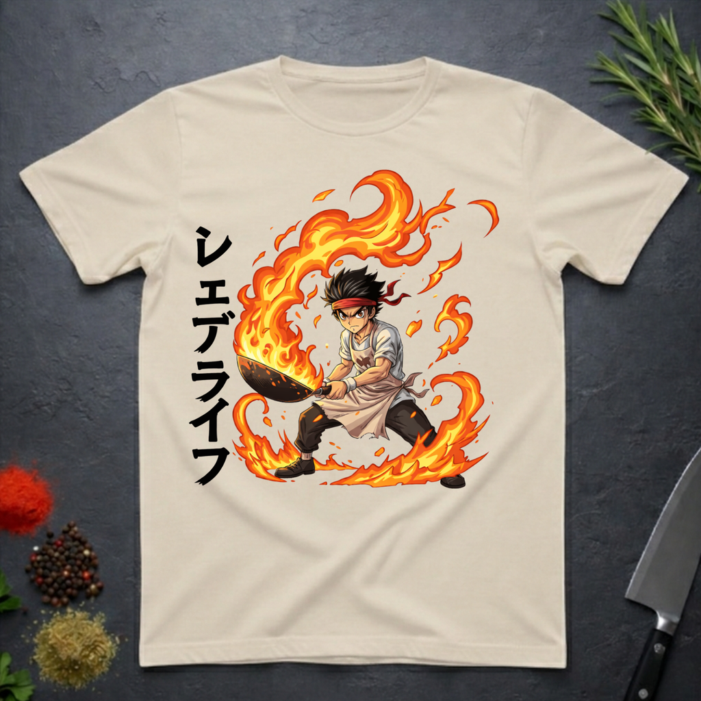 Sand colored t-shirt with a graphic design of an anime character holding wok in flames with Japanese characters on a dark surface.